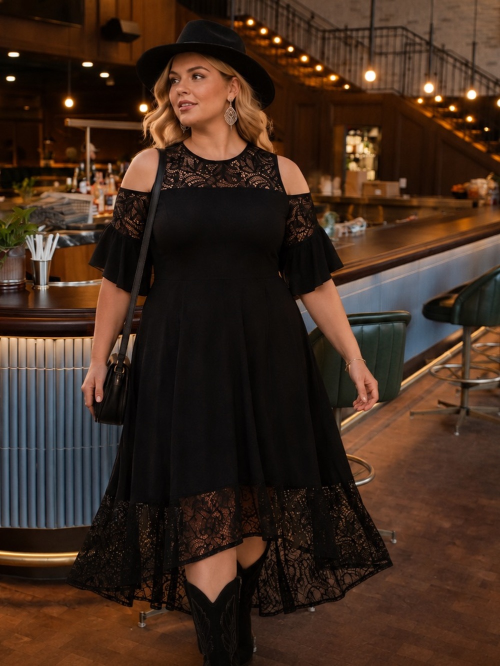 torrid Black Lace Cold-Shoulder Midi Dress with Sheer Hem